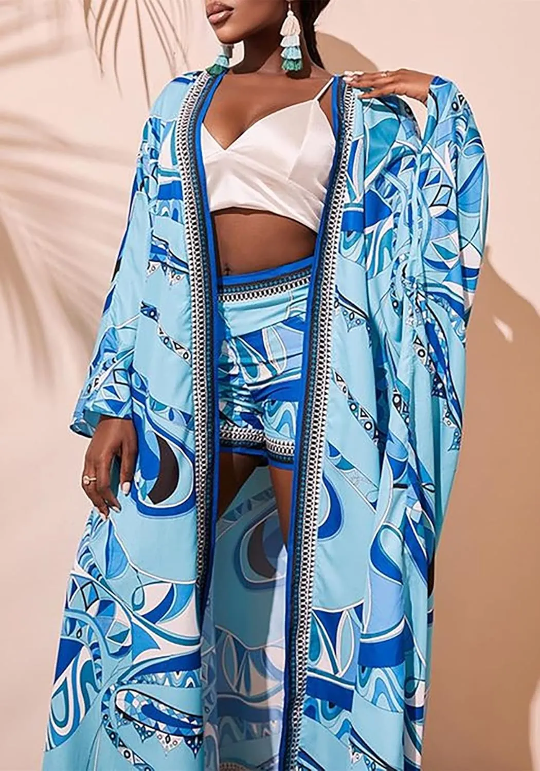 2 Piece Outfits for Women Sexy Beach Cover Up Shorts Set Open Front Long Cardigan