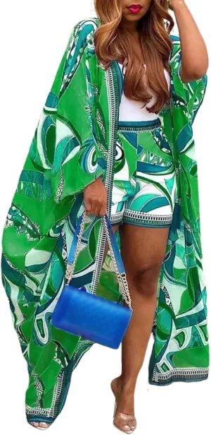 2 Piece Outfits for Women Sexy Beach Cover Up Shorts Set Open Front Long Cardigan