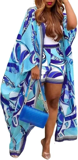 2 Piece Outfits for Women Sexy Beach Cover Up Shorts Set Open Front Long Cardigan