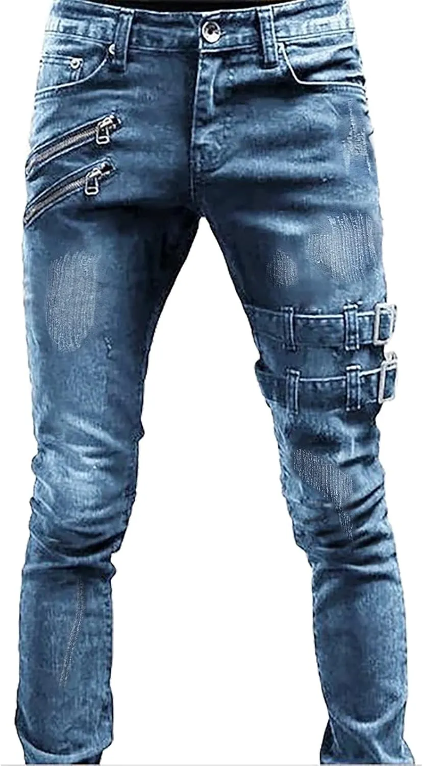 2023 Mens Stacked Jeans Slim Fit Ripped Skinny Stretch Jeans Distressed Straight Fit Denim Pants Hip Hop Trousers Streetwear