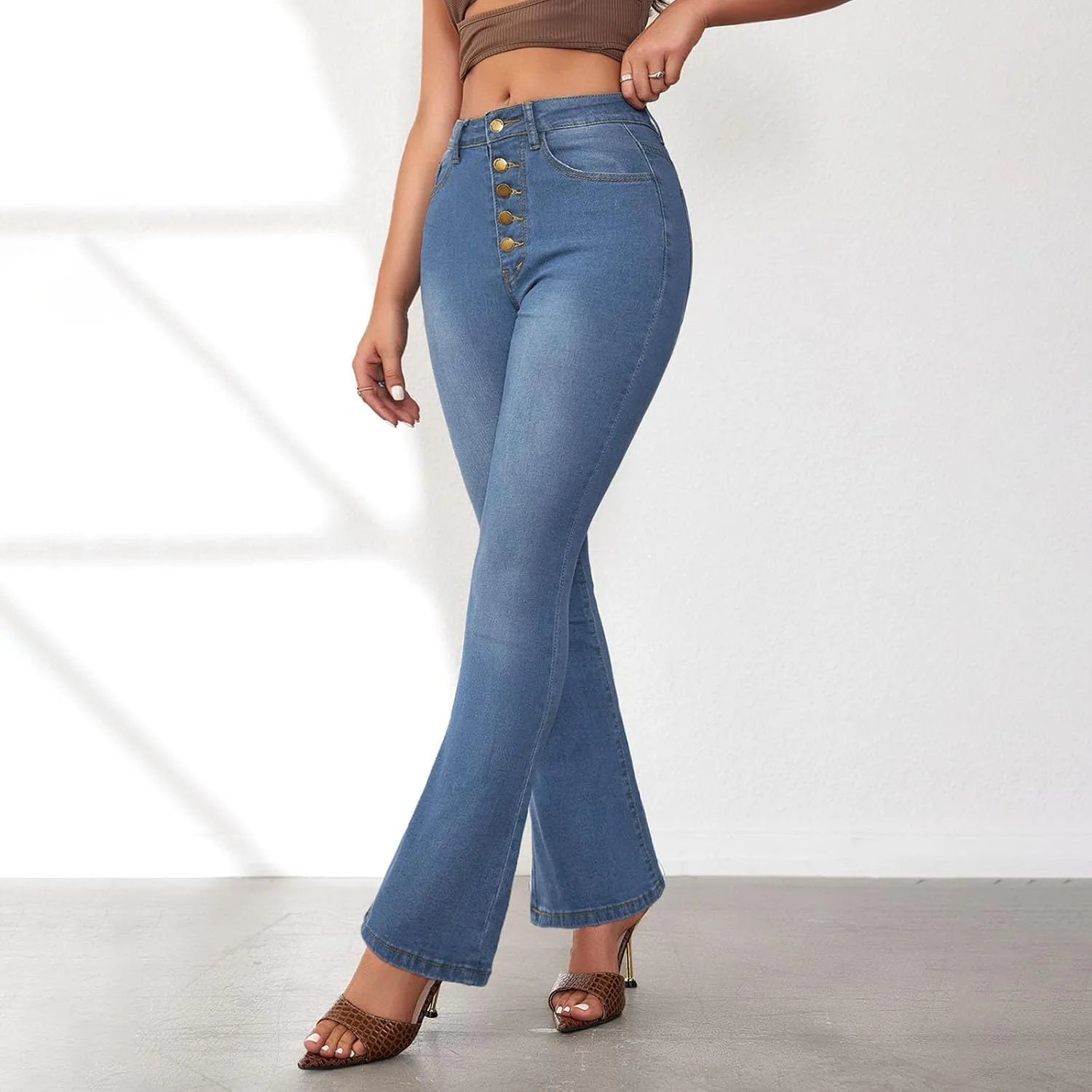 2024 Women Flare Bell Bottom Jeans High Waisted Wide Leg Bootcut Jeans Trendy Denim Pants Casual Long Trousers