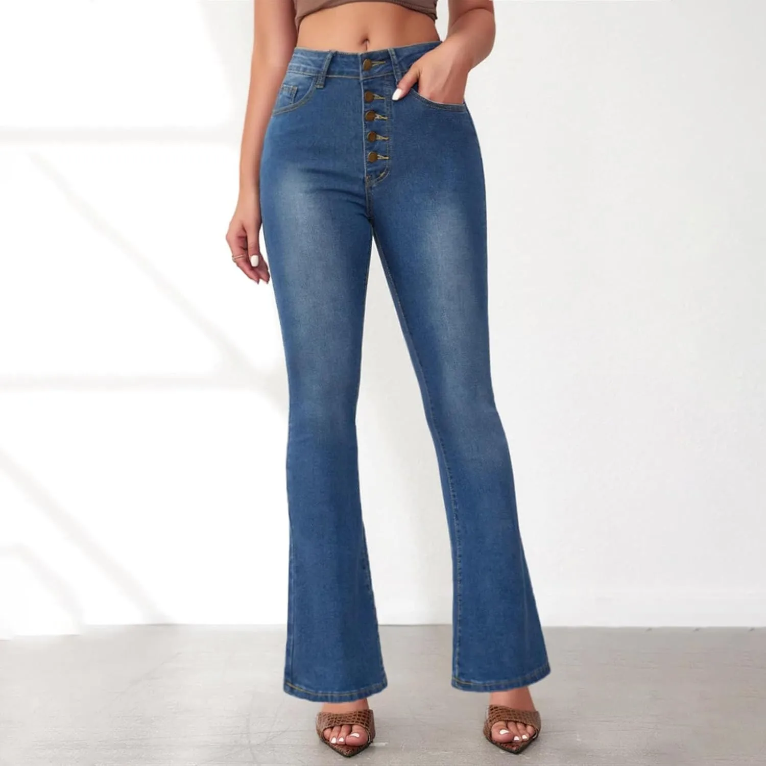 2024 Women Flare Bell Bottom Jeans High Waisted Wide Leg Bootcut Jeans Trendy Denim Pants Casual Long Trousers