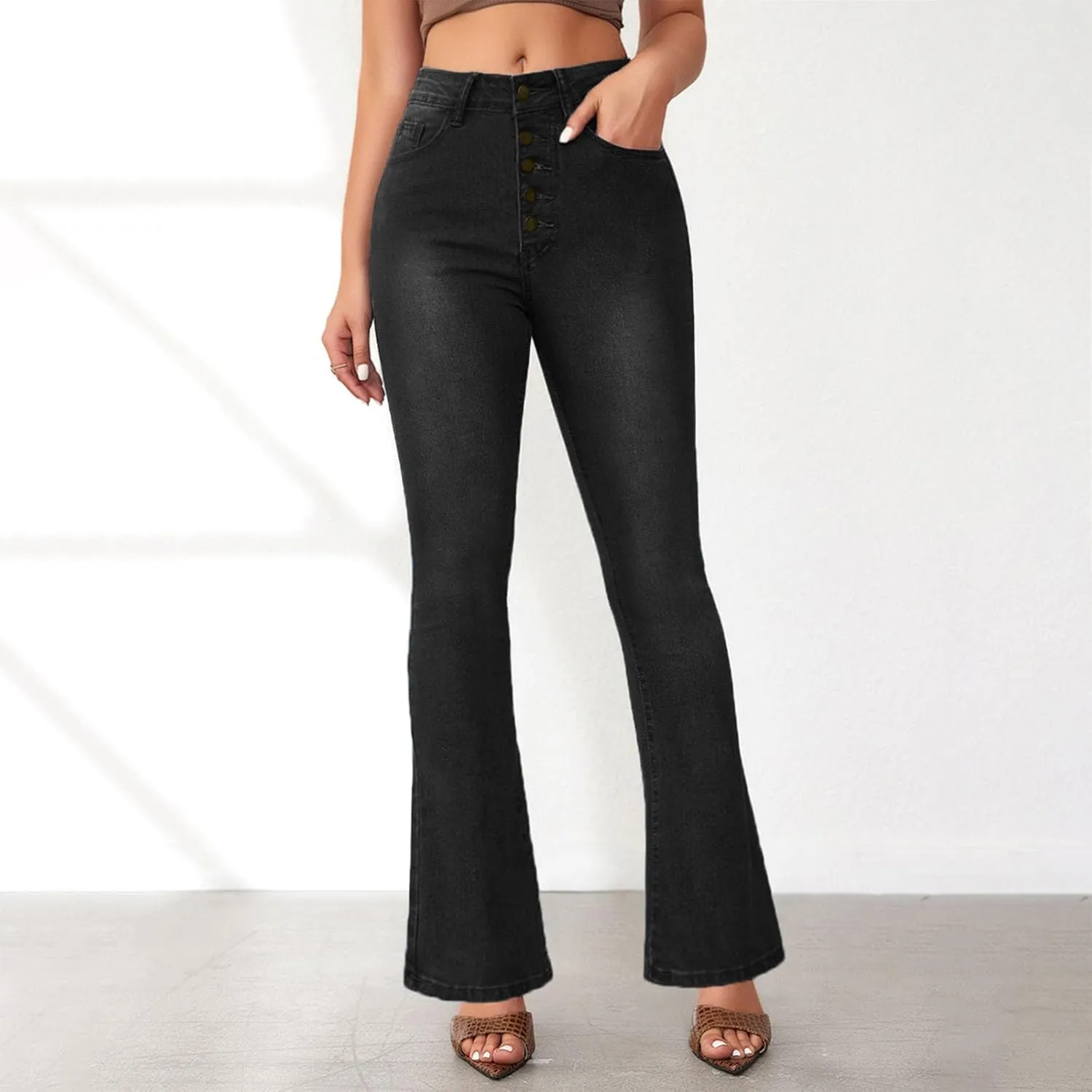 2024 Women Flare Bell Bottom Jeans High Waisted Wide Leg Bootcut Jeans Trendy Denim Pants Casual Long Trousers