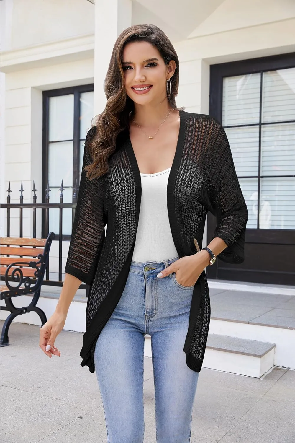 2025 Summer Women's Lightweight 3/4 Sleeve Crochet Cardigan Sweater Open Front Boho Beach Vacation Swimwear Outwear
