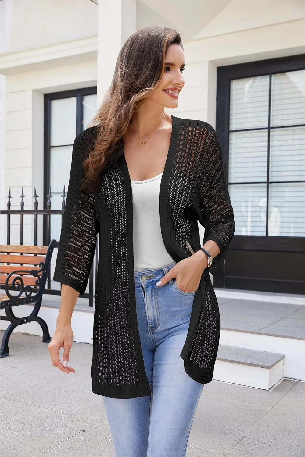 2025 Summer Women's Lightweight 3/4 Sleeve Crochet Cardigan Sweater Open Front Boho Beach Vacation Swimwear Outwear