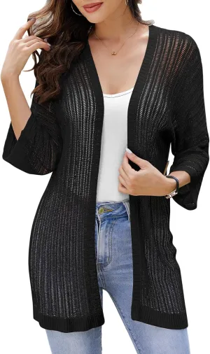 2025 Summer Women's Lightweight 3/4 Sleeve Crochet Cardigan Sweater Open Front Boho Beach Vacation Swimwear Outwear
