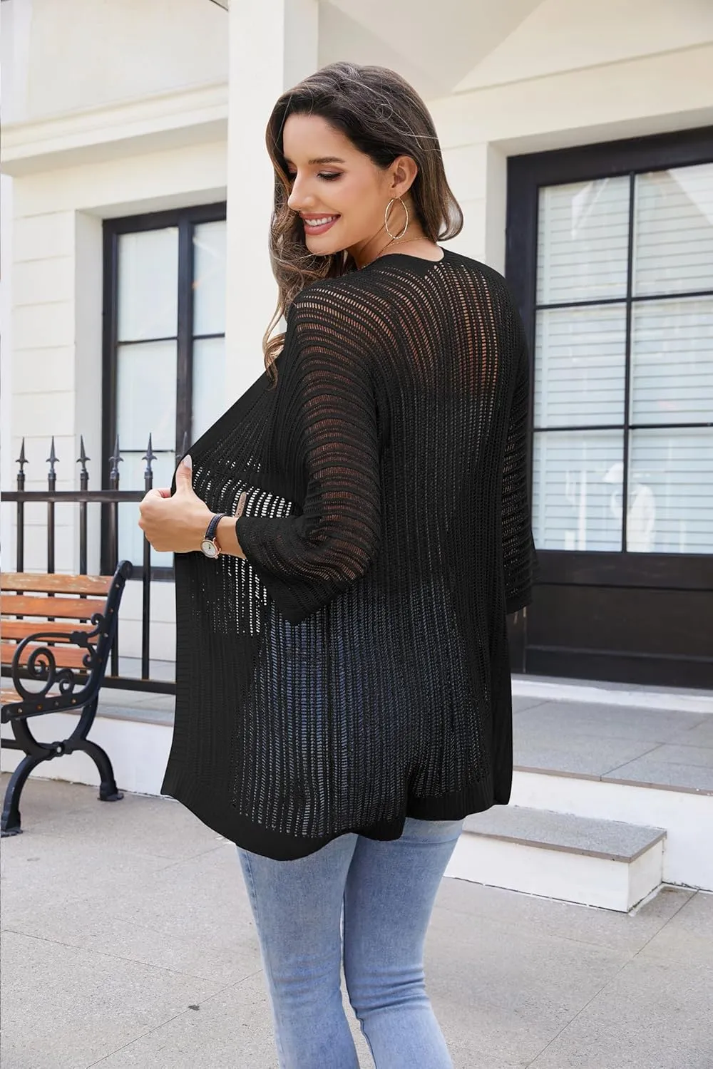 2025 Summer Women's Lightweight 3/4 Sleeve Crochet Cardigan Sweater Open Front Boho Beach Vacation Swimwear Outwear