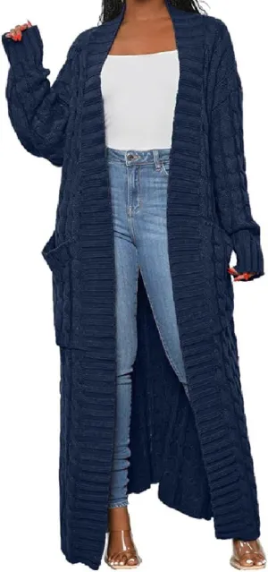 A ADILACA Women's Thin Type Stylish Cable Knit Cardigan with 2-Pockets, Women's Extra Long Ankle Length Sweater