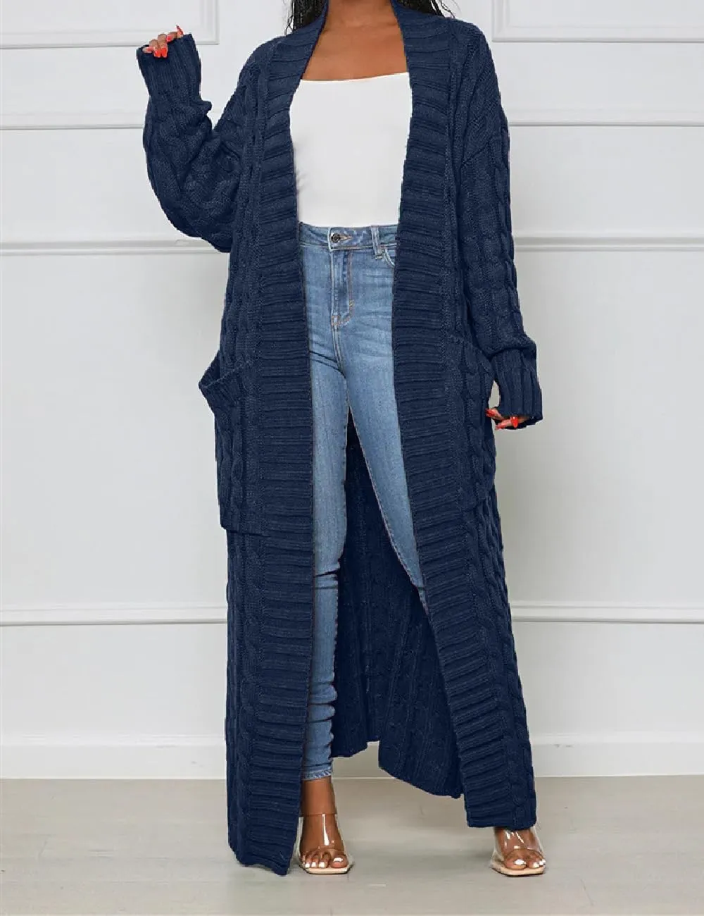 A ADILACA Women's Thin Type Stylish Cable Knit Cardigan with 2-Pockets, Women's Extra Long Ankle Length Sweater