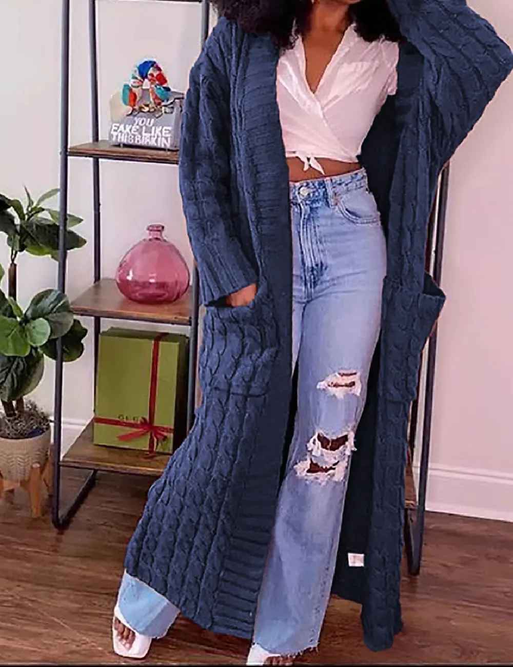 A ADILACA Women's Thin Type Stylish Cable Knit Cardigan with 2-Pockets, Women's Extra Long Ankle Length Sweater