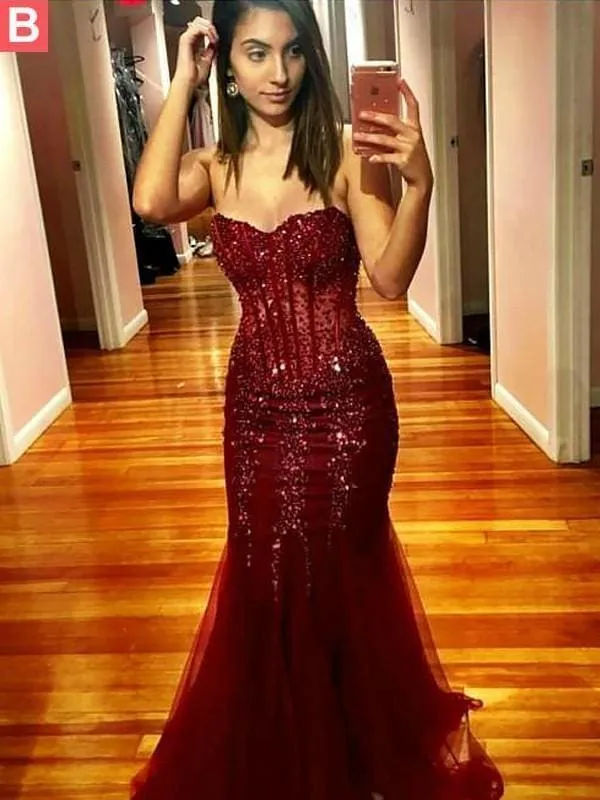 A| Bridelily Mermaid Strapless Tulle With Sequin Floor-Length Dresses