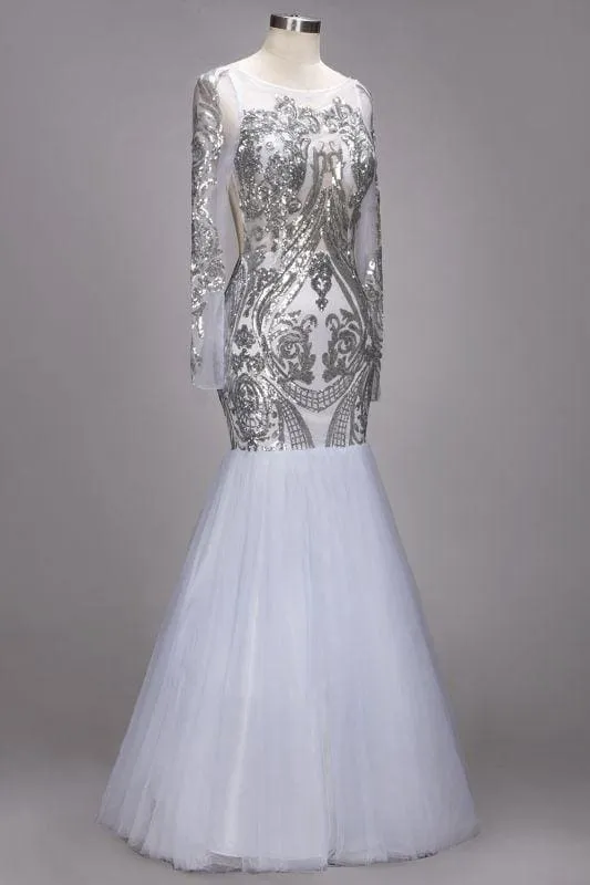 A| Bridelily ROSEMARIE | Mermaid Long Sleeves Floor Length Sequined Patterns Tulle Prom Dresses