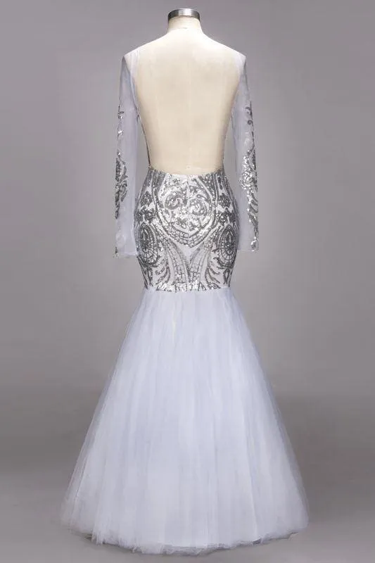 A| Bridelily ROSEMARIE | Mermaid Long Sleeves Floor Length Sequined Patterns Tulle Prom Dresses
