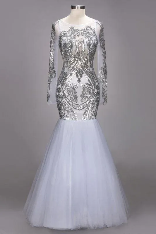 A| Bridelily ROSEMARIE | Mermaid Long Sleeves Floor Length Sequined Patterns Tulle Prom Dresses