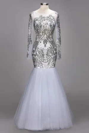 A| Bridelily ROSEMARIE | Mermaid Long Sleeves Floor Length Sequined Patterns Tulle Prom Dresses