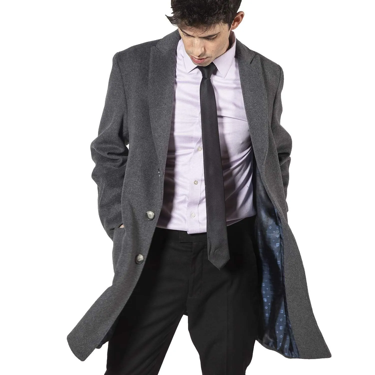 Adam Baker Men's Peak Lapel Single Breasted Wool-Blend Mid-Length Car Coat - CLEARANCE