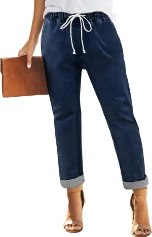 Addkaka Womens Casual Denim Jeans Pull-on Stretch Jeans Elastic Waist Jean Denim Drawstring Joggers Pants