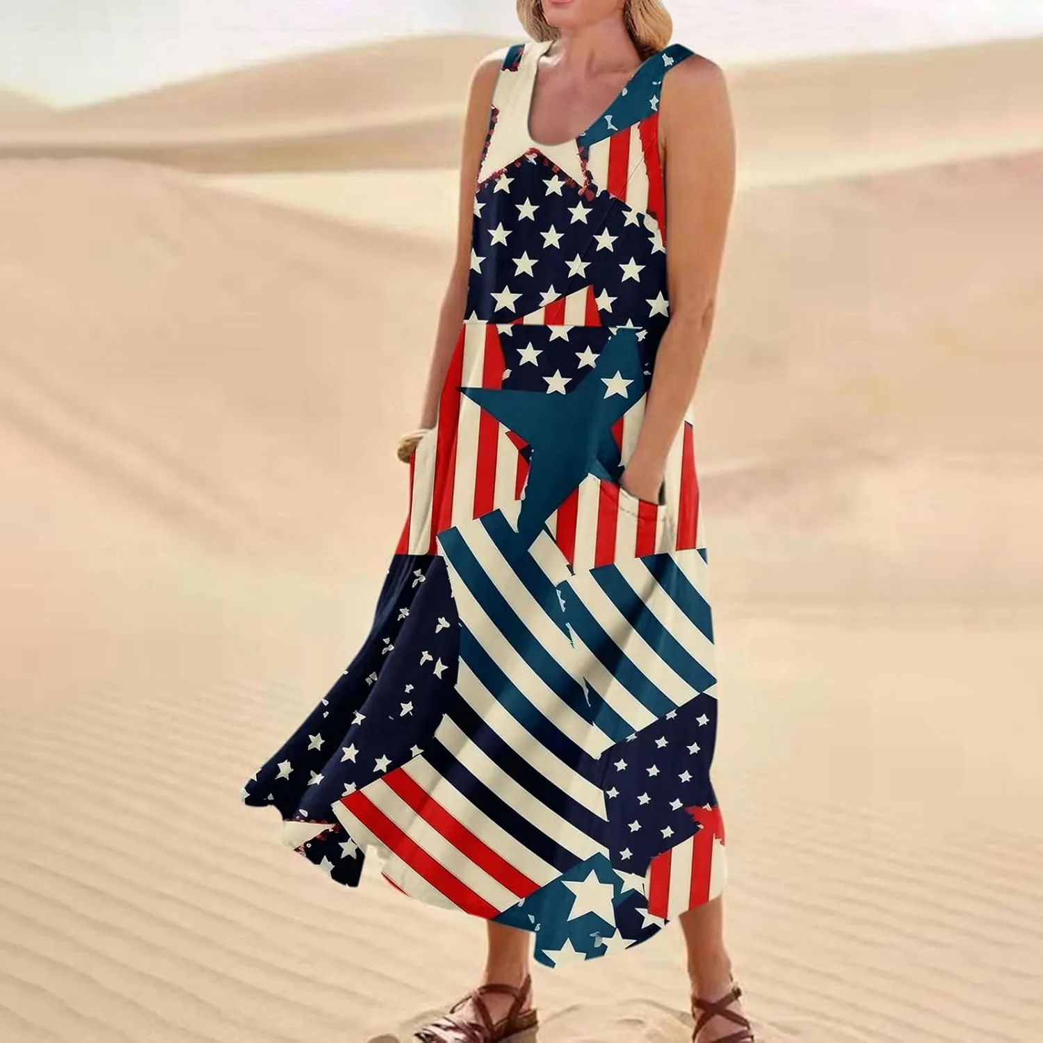 ADHOWBEW 4th of July Dress for Women Loose Fit American Flag Flowy Memorial Days Sleeveless Linen Maxi Dresses with Pockets