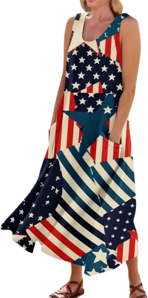ADHOWBEW 4th of July Dress for Women Loose Fit American Flag Flowy Memorial Days Sleeveless Linen Maxi Dresses with Pockets