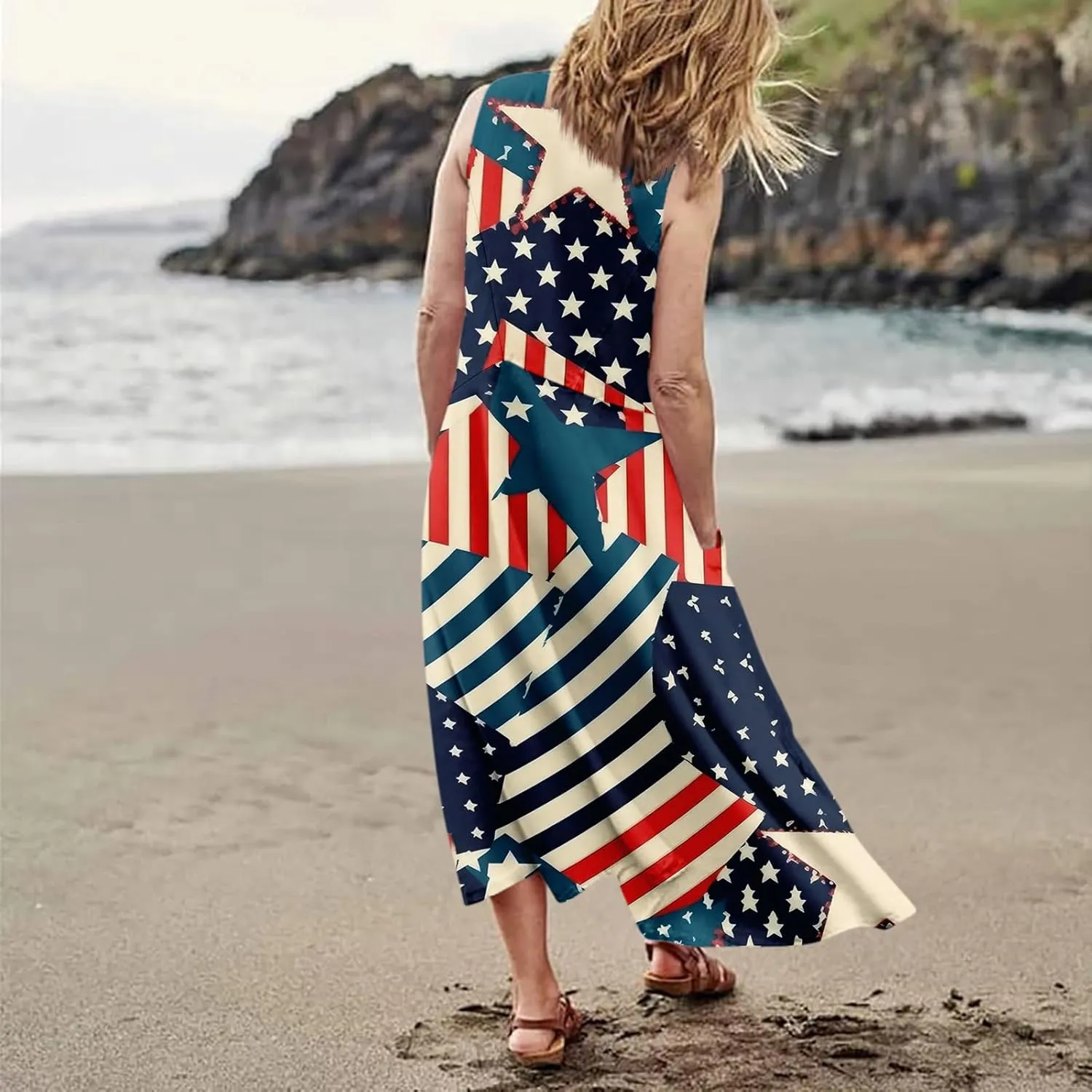 ADHOWBEW 4th of July Dress for Women Loose Fit American Flag Flowy Memorial Days Sleeveless Linen Maxi Dresses with Pockets