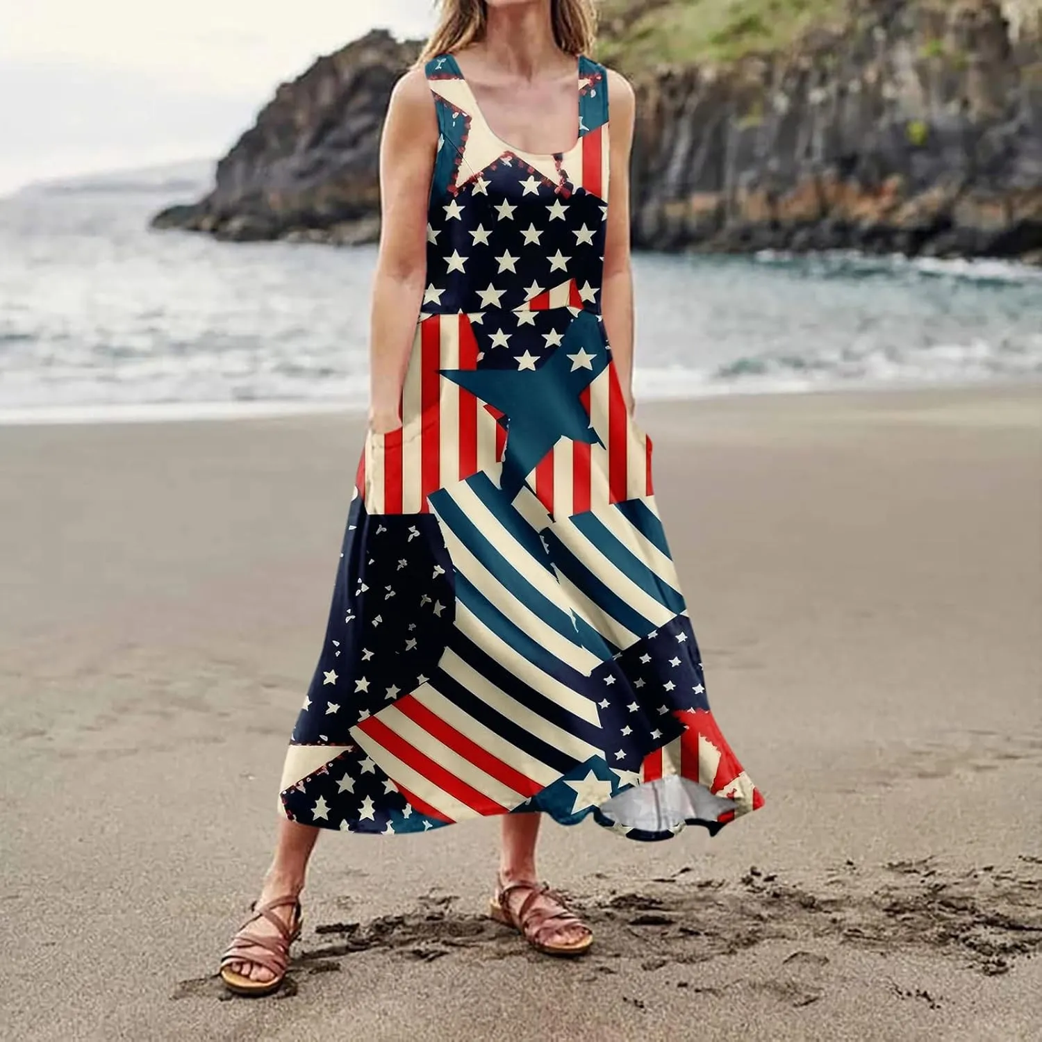 ADHOWBEW 4th of July Dress for Women Loose Fit American Flag Flowy Memorial Days Sleeveless Linen Maxi Dresses with Pockets
