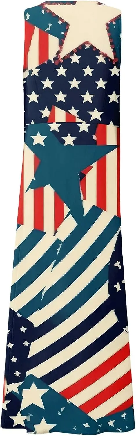 ADHOWBEW 4th of July Dress for Women Loose Fit American Flag Flowy Memorial Days Sleeveless Linen Maxi Dresses with Pockets