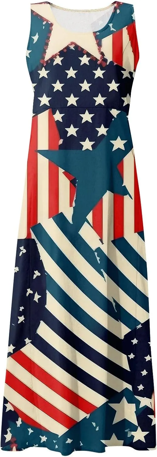 ADHOWBEW 4th of July Dress for Women Loose Fit American Flag Flowy Memorial Days Sleeveless Linen Maxi Dresses with Pockets