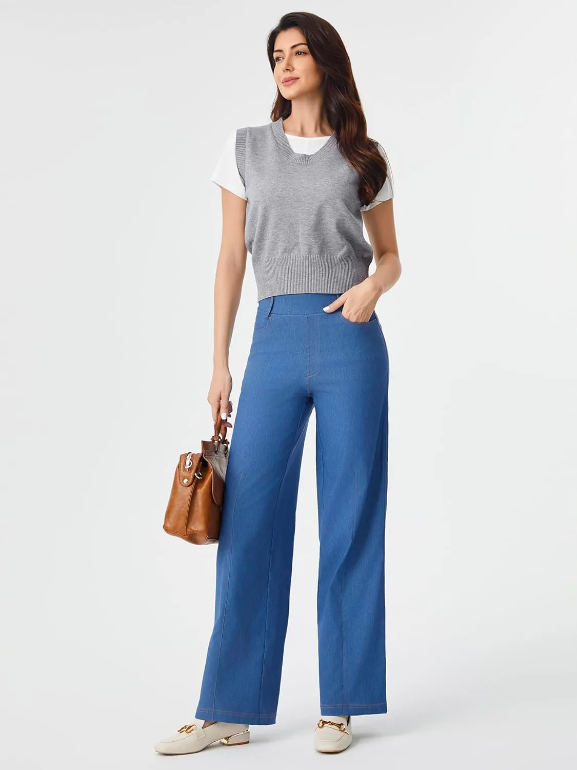 AFITNE Women's Wide Leg Jeans High Waist Pull On Jeans Trendy Loose Denim Pants with Stretchy Denim Like Material