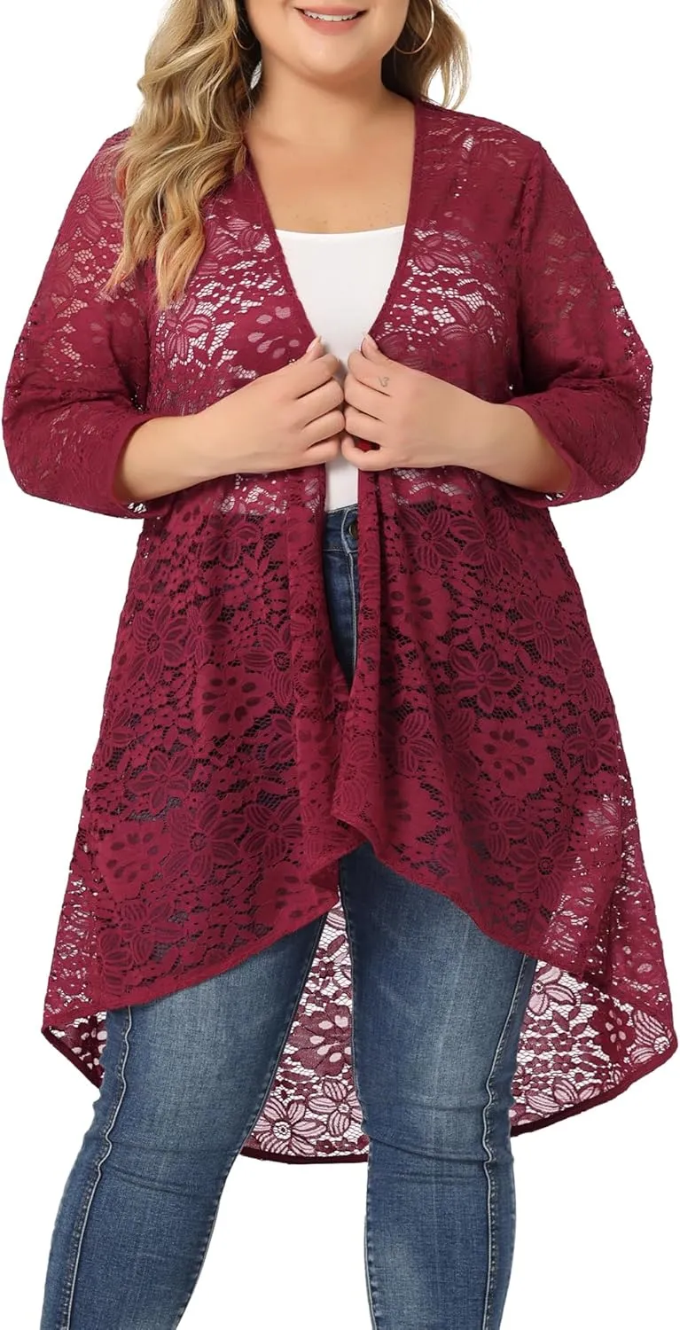 Agnes Orinda Plus Size Cardigans for Women Lightweight 3/4 Sleeve Open Front Crochet 2024 Lace Cover Up