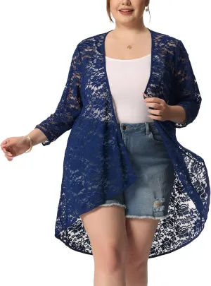 Agnes Orinda Plus Size Cardigans for Women Lightweight 3/4 Sleeve Open Front Crochet 2024 Lace Cover Up