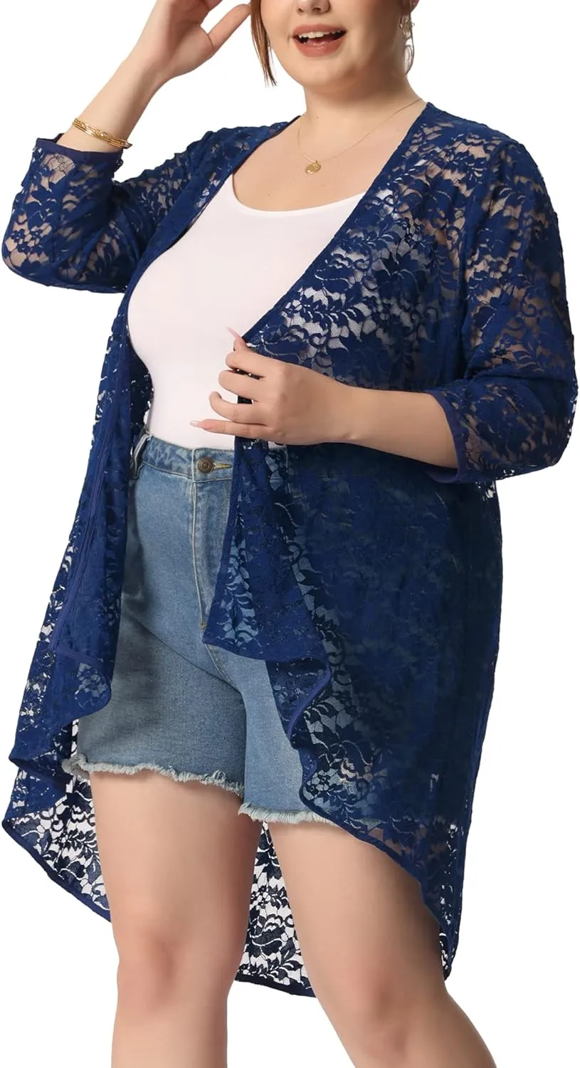 Agnes Orinda Plus Size Cardigans for Women Lightweight 3/4 Sleeve Open Front Crochet 2024 Lace Cover Up