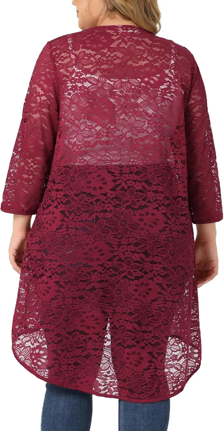 Agnes Orinda Plus Size Cardigans for Women Lightweight 3/4 Sleeve Open Front Crochet 2024 Lace Cover Up