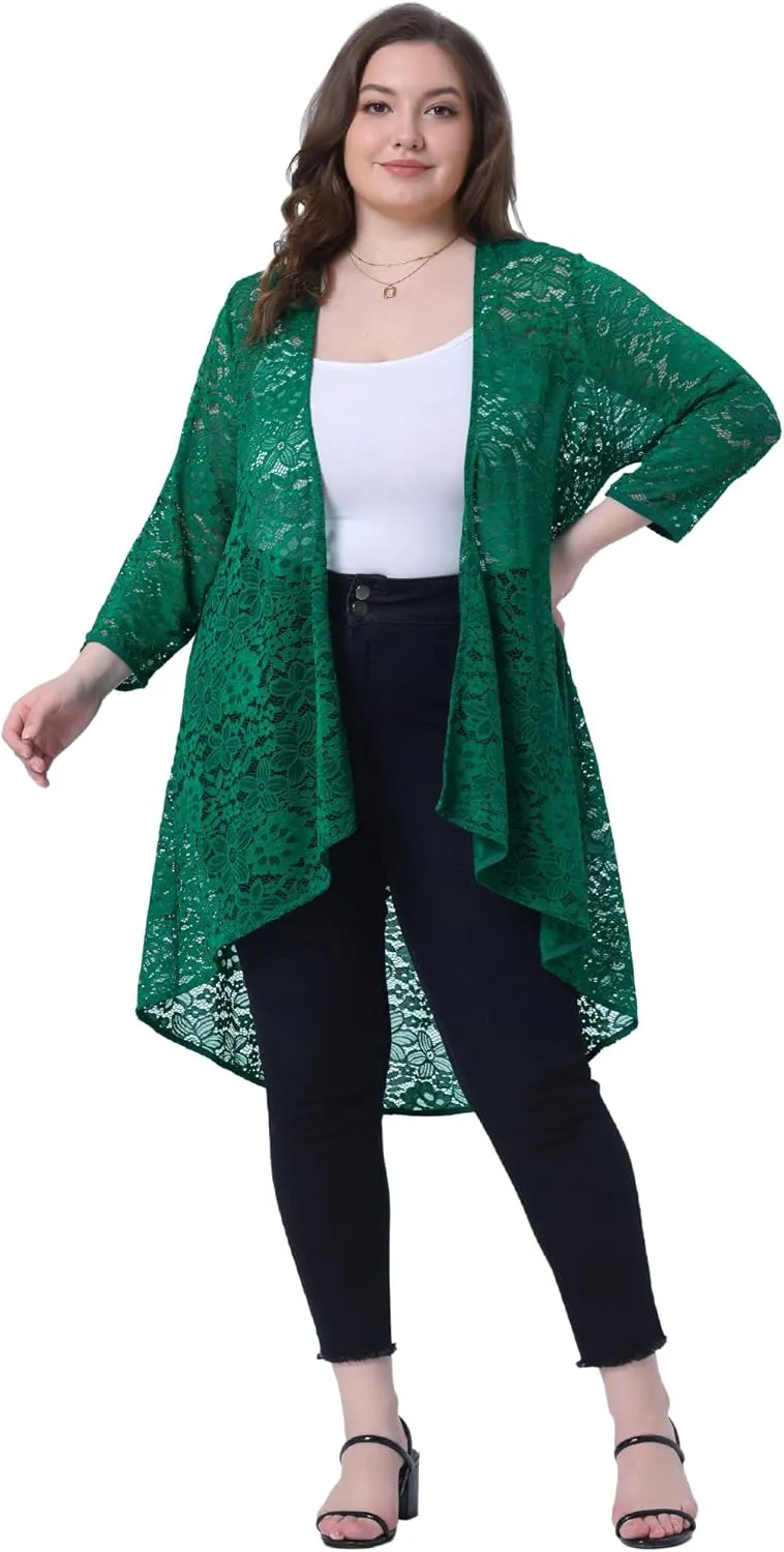 Agnes Orinda Plus Size Cardigans for Women Lightweight 3/4 Sleeve Open Front Crochet 2024 Lace Cover Up