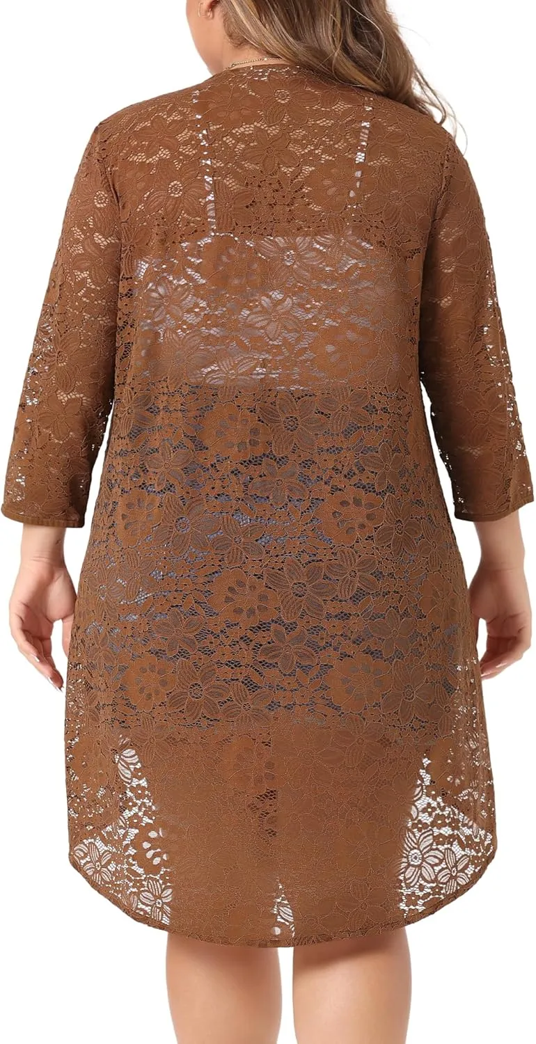 Agnes Orinda Plus Size Cardigans for Women Lightweight 3/4 Sleeve Open Front Crochet 2024 Lace Cover Up