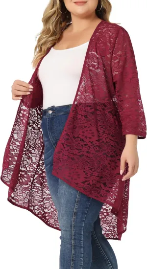 Agnes Orinda Plus Size Cardigans for Women Lightweight 3/4 Sleeve Open Front Crochet 2024 Lace Cover Up
