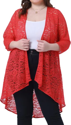 Agnes Orinda Plus Size Cardigans for Women Lightweight 3/4 Sleeve Open Front Crochet 2024 Lace Cover Up