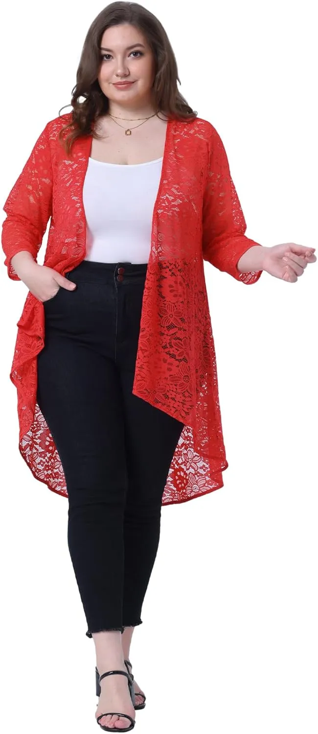 Agnes Orinda Plus Size Cardigans for Women Lightweight 3/4 Sleeve Open Front Crochet 2024 Lace Cover Up