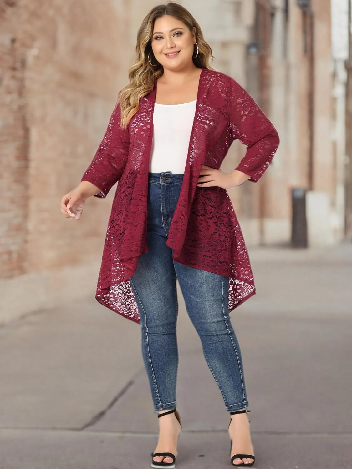 Agnes Orinda Plus Size Cardigans for Women Lightweight 3/4 Sleeve Open Front Crochet 2024 Lace Cover Up
