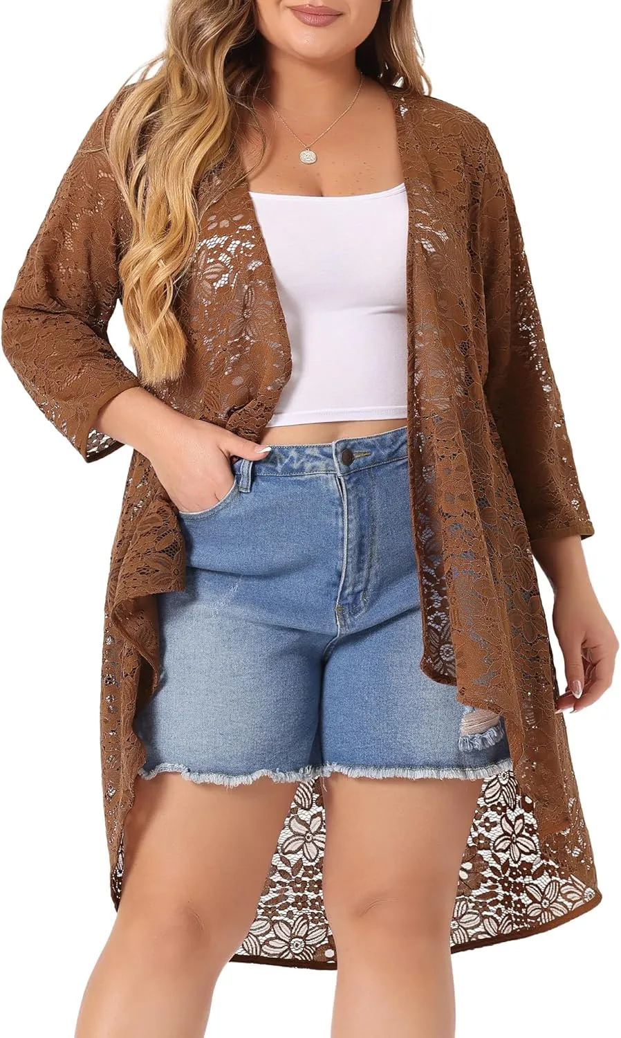 Agnes Orinda Plus Size Cardigans for Women Lightweight 3/4 Sleeve Open Front Crochet 2024 Lace Cover Up