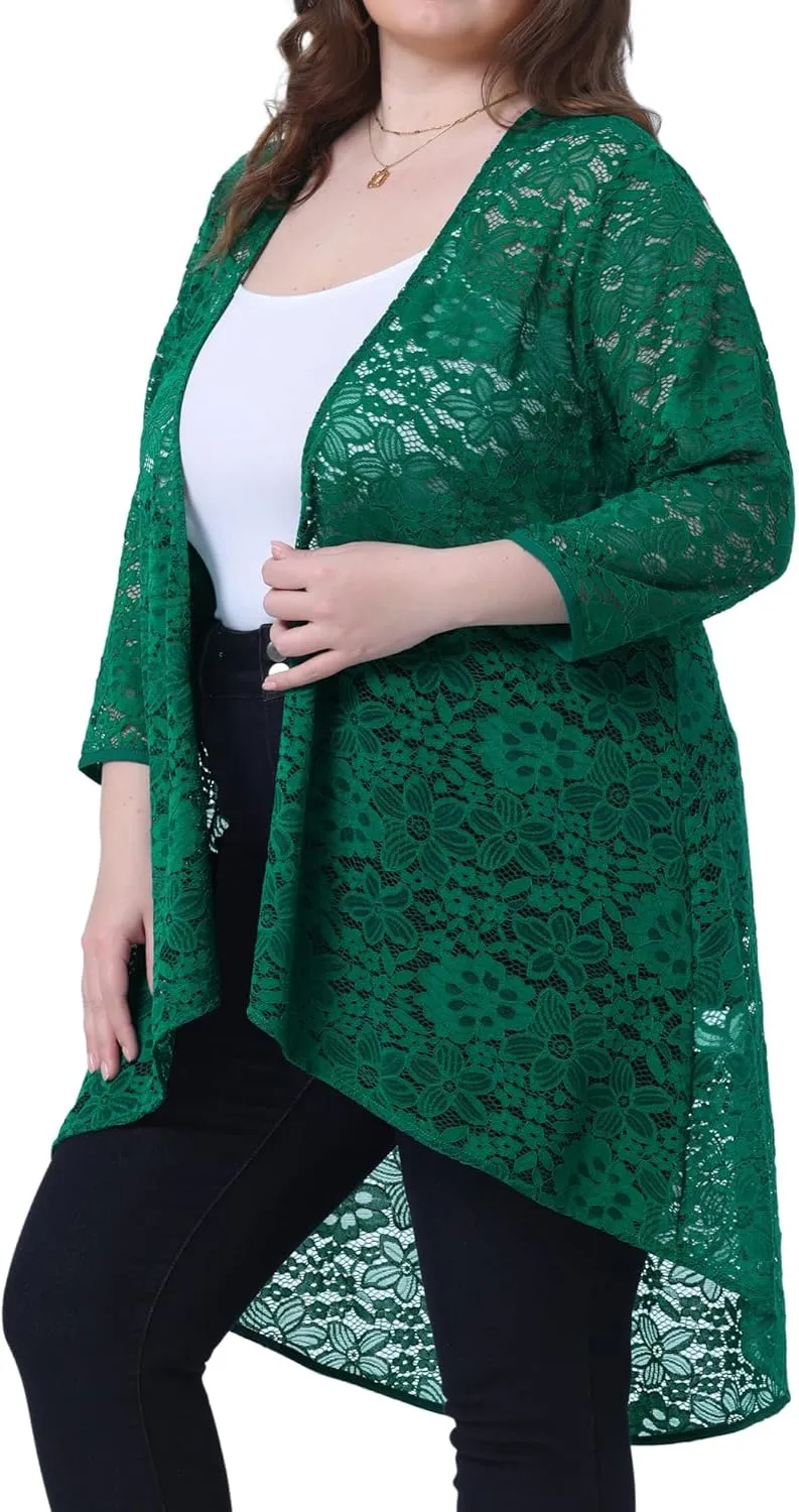 Agnes Orinda Plus Size Cardigans for Women Lightweight 3/4 Sleeve Open Front Crochet 2024 Lace Cover Up
