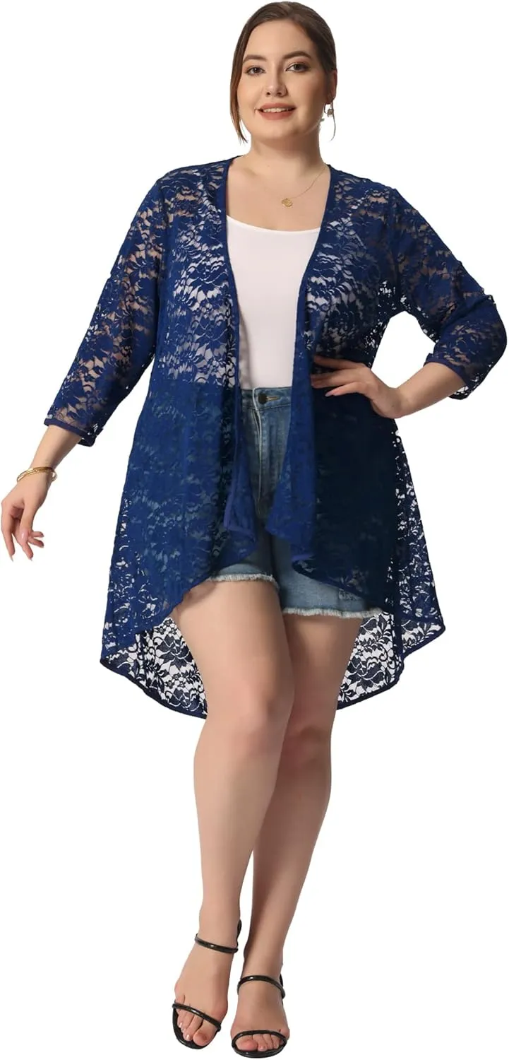 Agnes Orinda Plus Size Cardigans for Women Lightweight 3/4 Sleeve Open Front Crochet 2024 Lace Cover Up