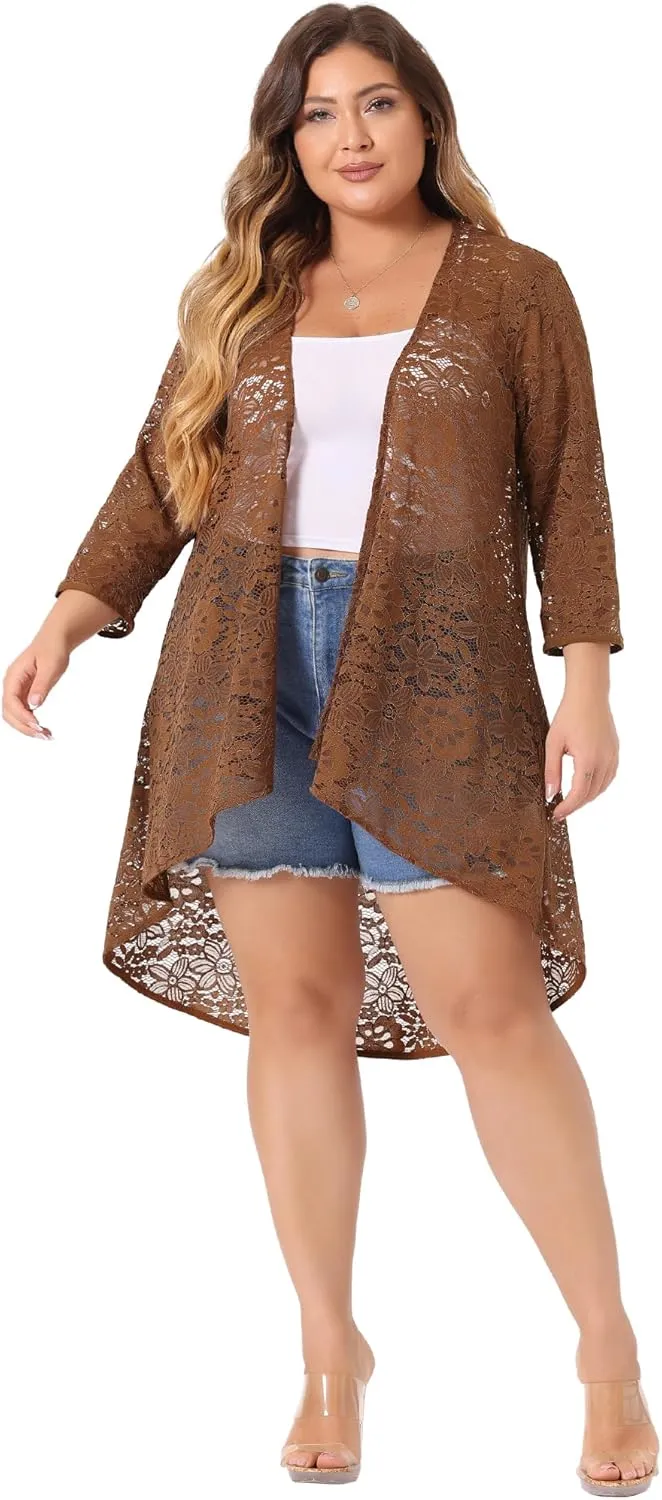 Agnes Orinda Plus Size Cardigans for Women Lightweight 3/4 Sleeve Open Front Crochet 2024 Lace Cover Up