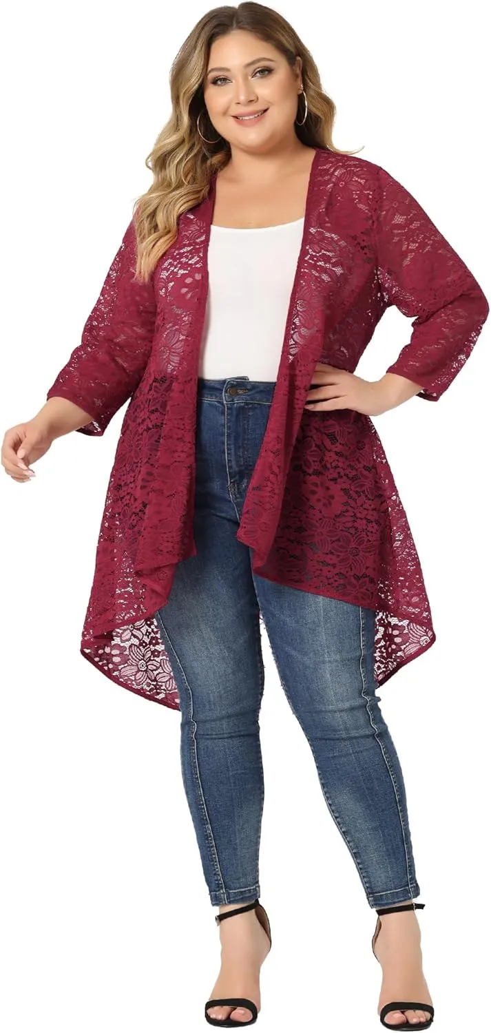 Agnes Orinda Plus Size Cardigans for Women Lightweight 3/4 Sleeve Open Front Crochet 2024 Lace Cover Up
