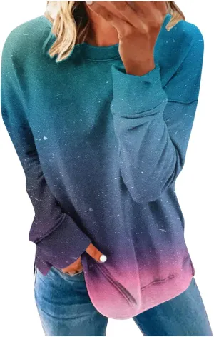 Akklian Women's Long Sleeve Crewneck Sweatshirts No Hood Loose Fit Oversized Ombre Tops Fall Lounge Trendy Pullover Sweaters