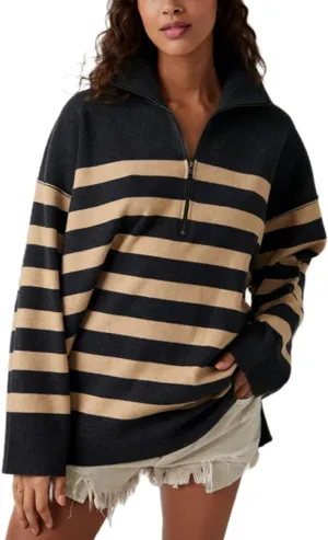 Amiblvowa Striped Half Quarter Zip Sweaters for Women Long Sleeve Drop Shoulder Pullover Oversized Sweatshirt Top Y2K Hoodie