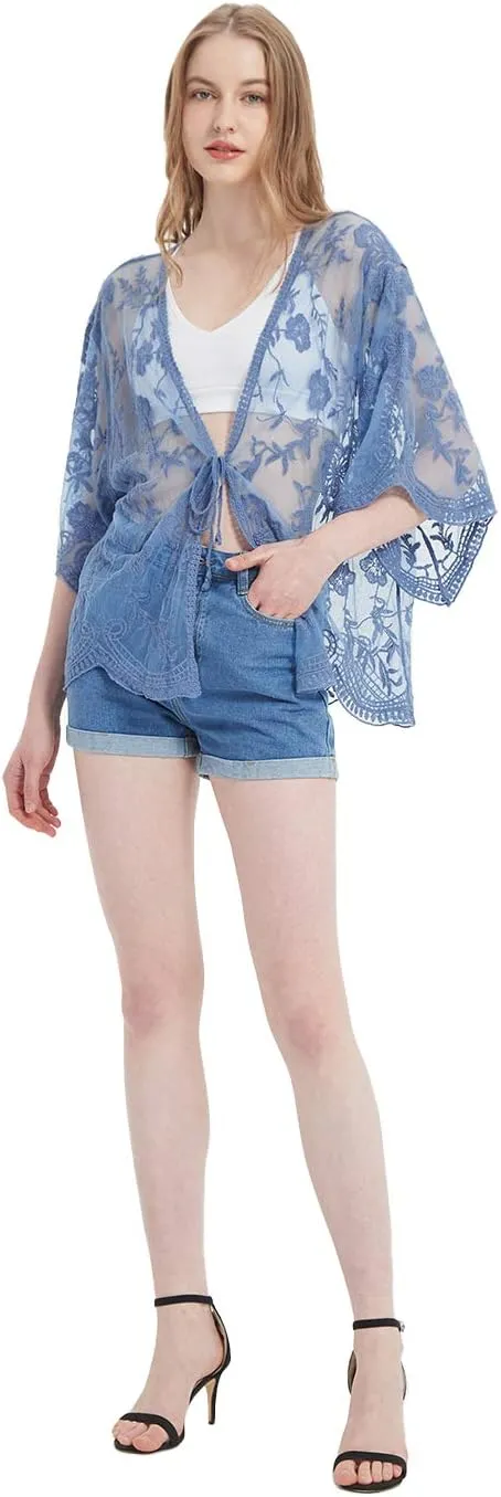Anna-Kaci Womens Long Embroidered Lace Kimono Cardigan with Half Sleeves