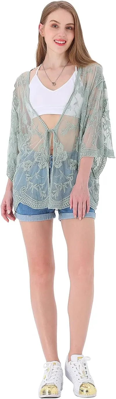 Anna-Kaci Womens Long Embroidered Lace Kimono Cardigan with Half Sleeves