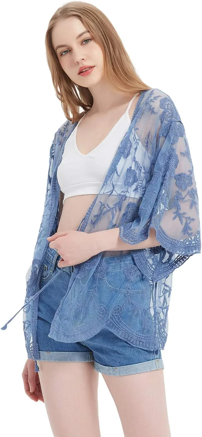 Anna-Kaci Womens Long Embroidered Lace Kimono Cardigan with Half Sleeves