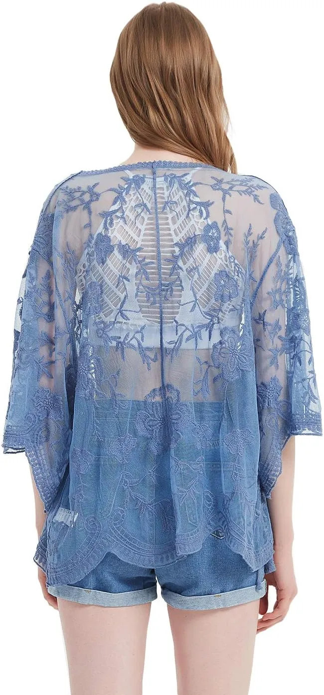 Anna-Kaci Womens Long Embroidered Lace Kimono Cardigan with Half Sleeves