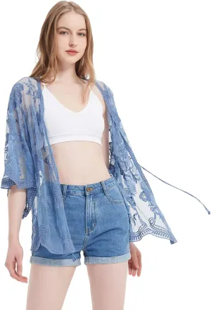 Anna-Kaci Womens Long Embroidered Lace Kimono Cardigan with Half Sleeves